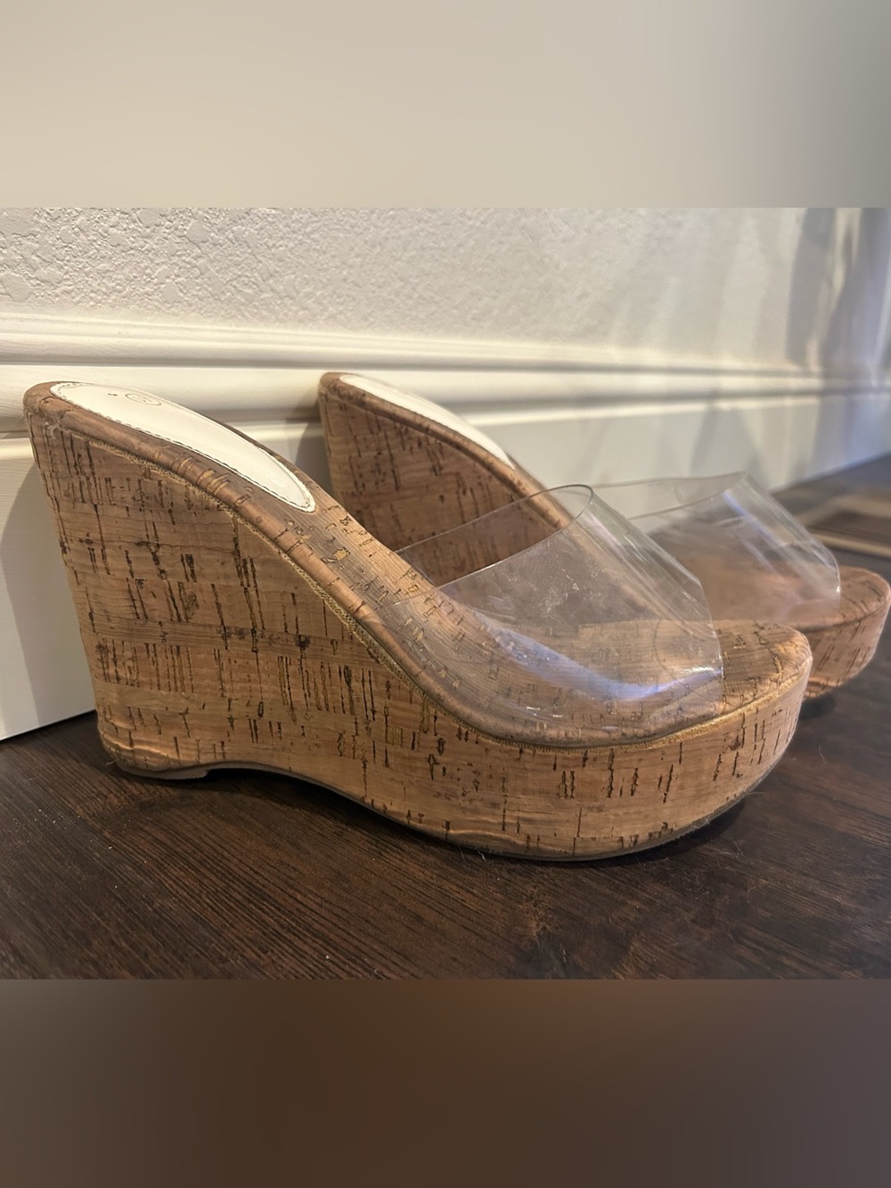 Cork Platform Wedge Sandals with Clear Upper - Women